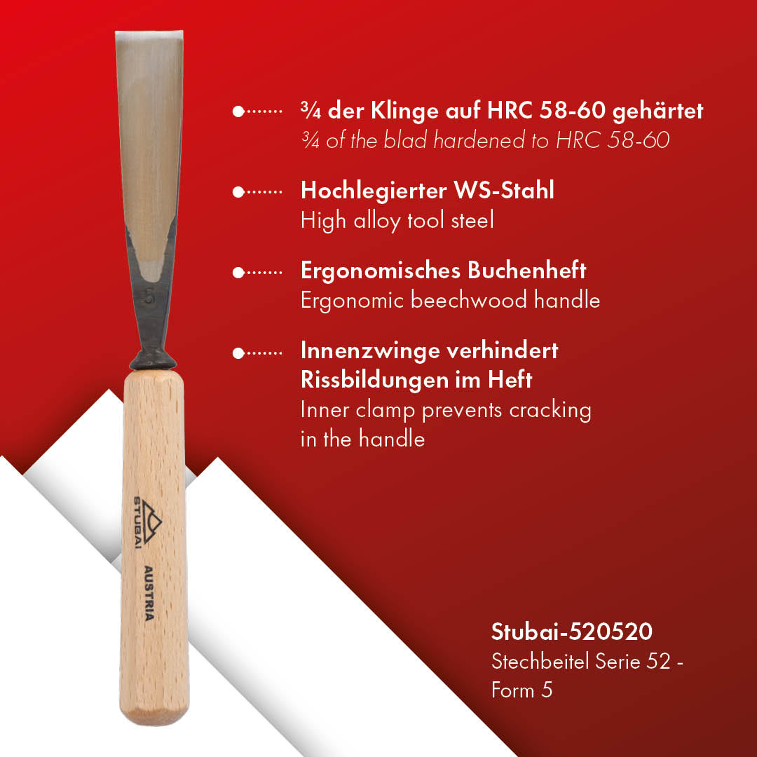 STUBAI Stemmeisen Stechbeitel Serie 52 - Form 5 | Gerades Hohleisen - 20 mm, mit Holzgriff, zum Vorstechen, für Anschlagarbeiten, Schrupparbeiten, Rosetten, zur Bearbeitung von Holz