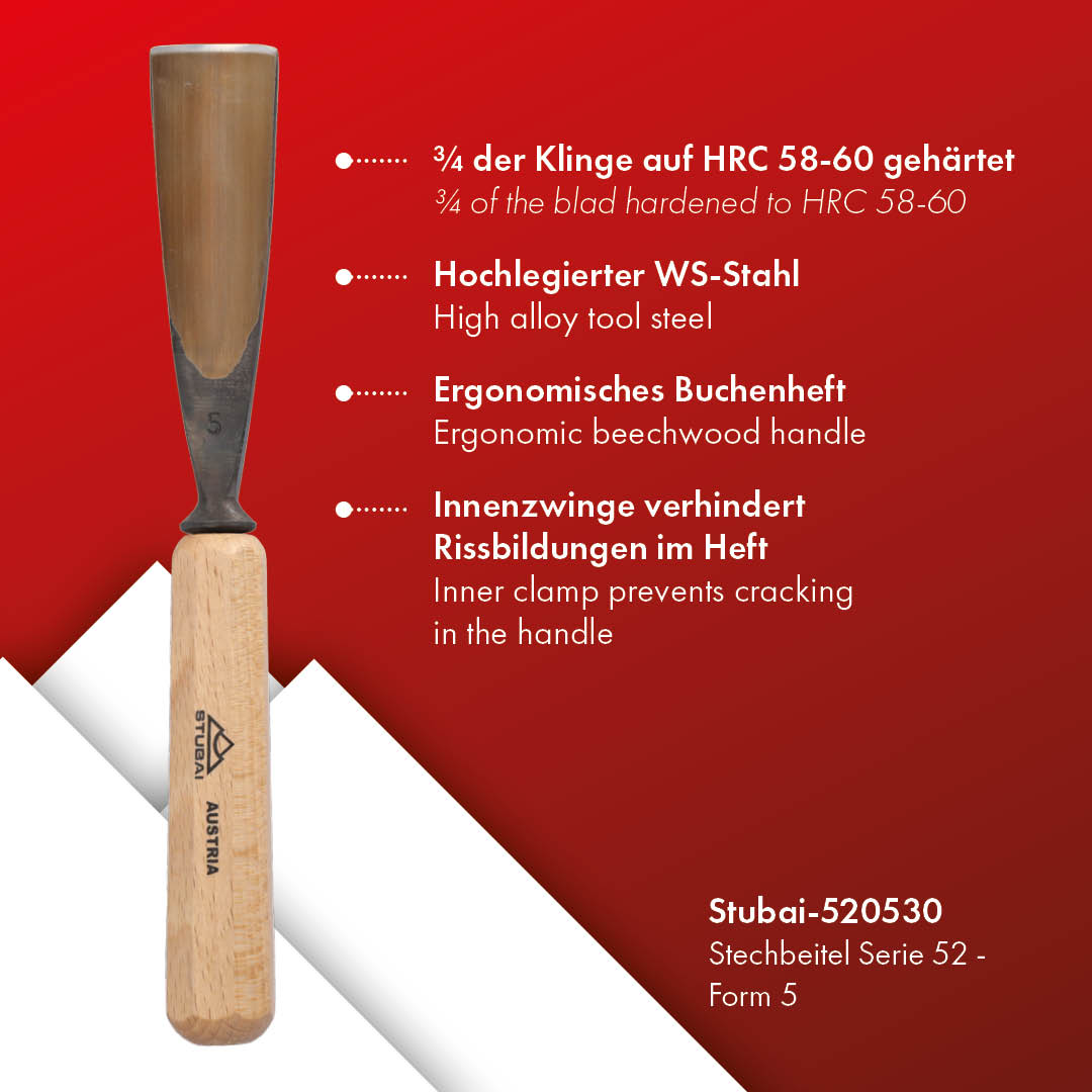 STUBAI Stemmeisen Stechbeitel Serie 52 - Form 5 | Gerades Hohleisen - 30 mm, mit Holzgriff, zum Vorstechen, für Anschlagarbeiten, Schrupparbeiten, Rosetten, zur Bearbeitung von Holz