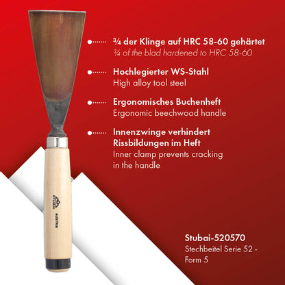 STUBAI Stemmeisen Stechbeitel Serie 52 - Form 5 | Gerades Hohleisen - 70 mm, mit Holzgriff, zum Vorstechen, für Anschlagarbeiten, Schrupparbeiten, Rosetten, zur Bearbeitung von Holz