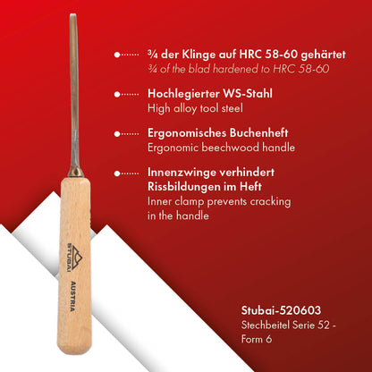 STUBAI Stemmeisen Stechbeitel Serie 52 - Form 6 | Gerades Hohleisen - 3 mm, mit Holzgriff, für Figurenarbeiten, zur präzisen Bearbeitung von Holz, hochwertiges Werkzeug für Schreiner Tischler