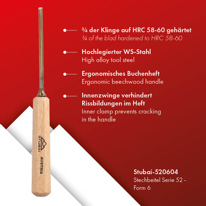 STUBAI Stemmeisen Stechbeitel Serie 52 - Form 6 | Gerades Hohleisen - 4 mm, mit Holzgriff, für Figurenarbeiten, zur präzisen Bearbeitung von Holz, hochwertiges Werkzeug für Schreiner Tischler