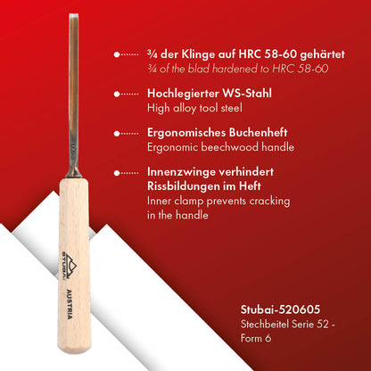 STUBAI Stemmeisen Stechbeitel Serie 52 - Form 6 | Gerades Hohleisen - 5 mm, mit Holzgriff, für Figurenarbeiten, zur präzisen Bearbeitung von Holz, hochwertiges Werkzeug für Schreiner Tischler