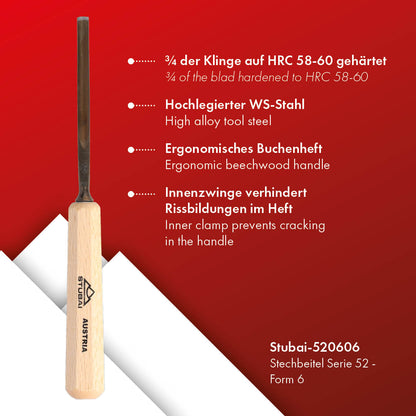 STUBAI Stemmeisen Stechbeitel Serie 52 - Form 6 | Gerades Hohleisen - 6 mm, mit Holzgriff, für Figurenarbeiten, zur präzisen Bearbeitung von Holz, hochwertiges Werkzeug für Schreiner Tischler