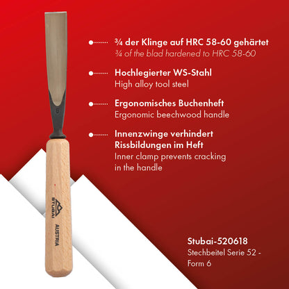 STUBAI Stemmeisen Stechbeitel Serie 52 - Form 6 | Gerades Hohleisen - 18 mm, mit Holzgriff, für Figurenarbeiten, zur präzisen Bearbeitung von Holz, hochwertiges Werkzeug für Schreiner Tischler