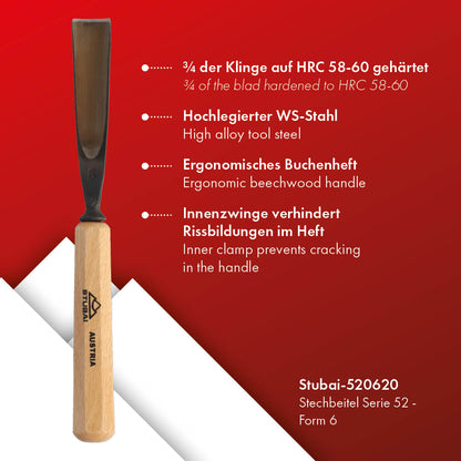 STUBAI Stemmeisen Stechbeitel Serie 52 - Form 6 | Gerades Hohleisen - 20 mm, mit Holzgriff, für Figurenarbeiten, zur präzisen Bearbeitung von Holz, hochwertiges Werkzeug für Schreiner Tischler