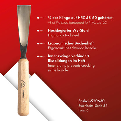 STUBAI Stemmeisen Stechbeitel Serie 52 - Form 6 | Gerades Hohleisen - 30 mm, mit Holzgriff, für Figurenarbeiten, zur präzisen Bearbeitung von Holz, hochwertiges Werkzeug für Schreiner Tischler