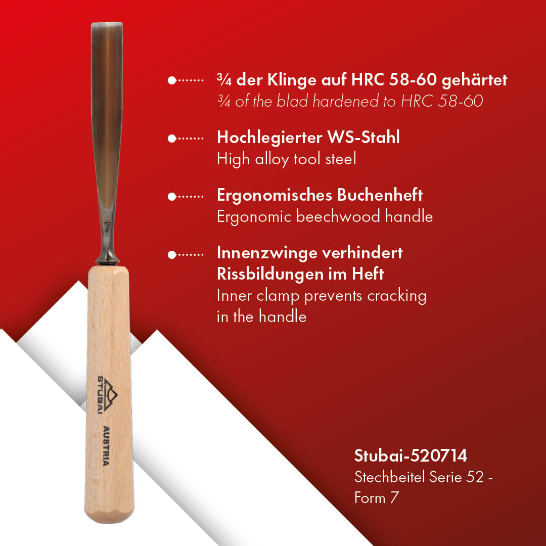 STUBAI Stemmeisen Stechbeitel Serie 52 - Form 7 | Gerades Hohleisen - 14 mm, mit Holzgriff, für Figurenarbeiten, Kerb- und Reliefschnitzarbeiten, zur präzisen Bearbeitung von Holz