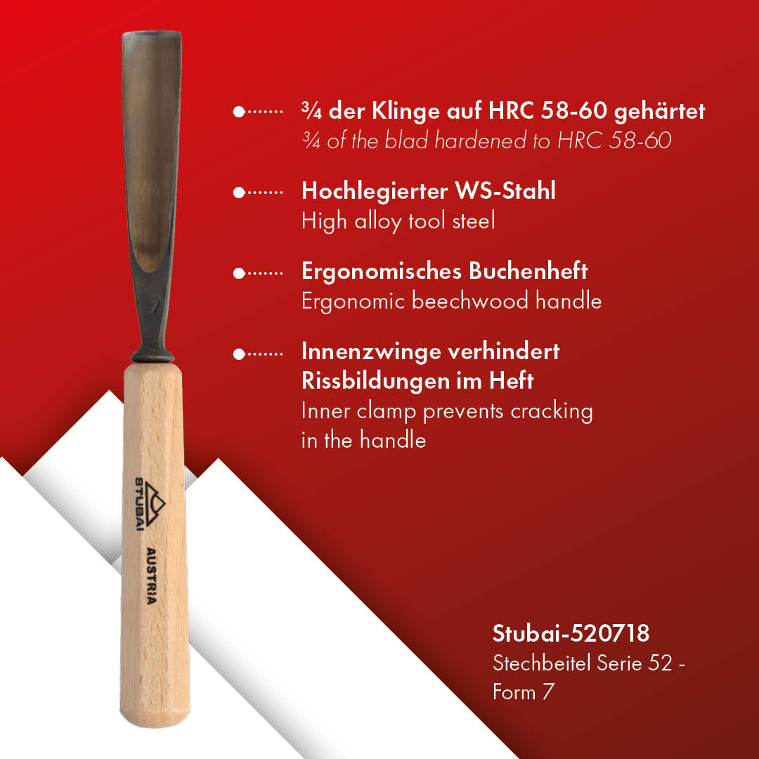 STUBAI Stemmeisen Stechbeitel Serie 52 - Form 7 | Gerades Hohleisen - 18 mm, mit Holzgriff, für Figurenarbeiten, Kerb- und Reliefschnitzarbeiten, zur präzisen Bearbeitung von Holz