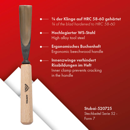 STUBAI Stemmeisen Stechbeitel Serie 52 - Form 7 | Gerades Hohleisen - 25 mm, mit Holzgriff, für Figurenarbeiten, Kerb- und Reliefschnitzarbeiten, zur präzisen Bearbeitung von Holz