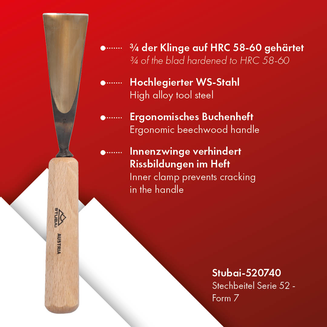 STUBAI Stemmeisen Stechbeitel Serie 52 - Form 7 | Gerades Hohleisen - 40 mm, mit Holzgriff, für Figurenarbeiten, Kerb- und Reliefschnitzarbeiten, zur präzisen Bearbeitung von Holz