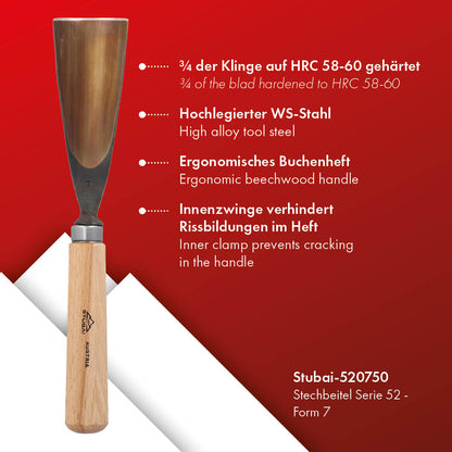 STUBAI Stemmeisen Stechbeitel Serie 52 - Form 7 | Gerades Hohleisen - 50 mm, mit Holzgriff, für Figurenarbeiten, Kerb- und Reliefschnitzarbeiten, zur präzisen Bearbeitung von Holz