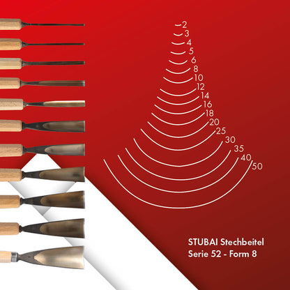 STUBAI Stemmeisen Stechbeitel Serie 52 - Form 8 | Gerades Hohleisen 2 mm, mit Holzgriff, für Figurenarbeiten, Kerb- und Reliefschnitzarbeiten, zur präzisen Bearbeitung von Holz