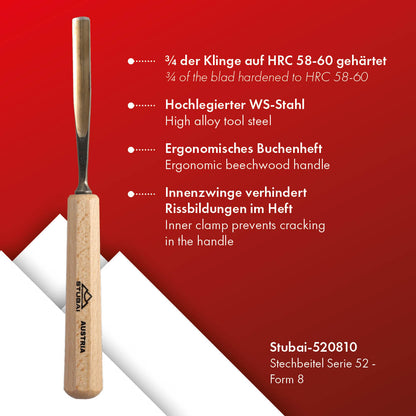 STUBAI Stemmeisen Stechbeitel Serie 52 - Form 8 | Gerades Hohleisen 10 mm, mit Holzgriff, für Figurenarbeiten, Kerb- und Reliefschnitzarbeiten, zur präzisen Bearbeitung von Holz