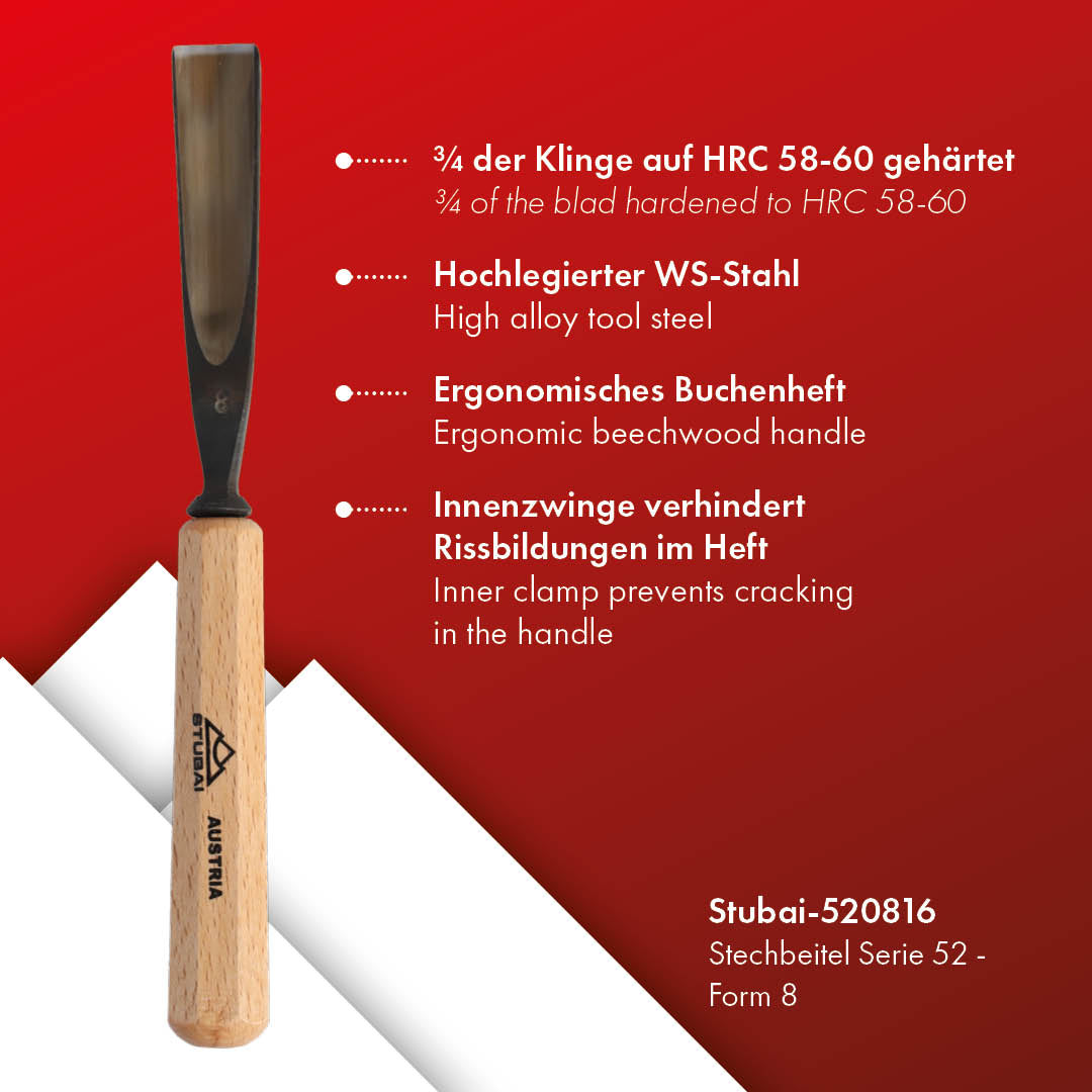 STUBAI Stemmeisen Stechbeitel Serie 52 - Form 8 | Gerades Hohleisen 16 mm, mit Holzgriff, für Figurenarbeiten, Kerb- und Reliefschnitzarbeiten, zur präzisen Bearbeitung von Holz