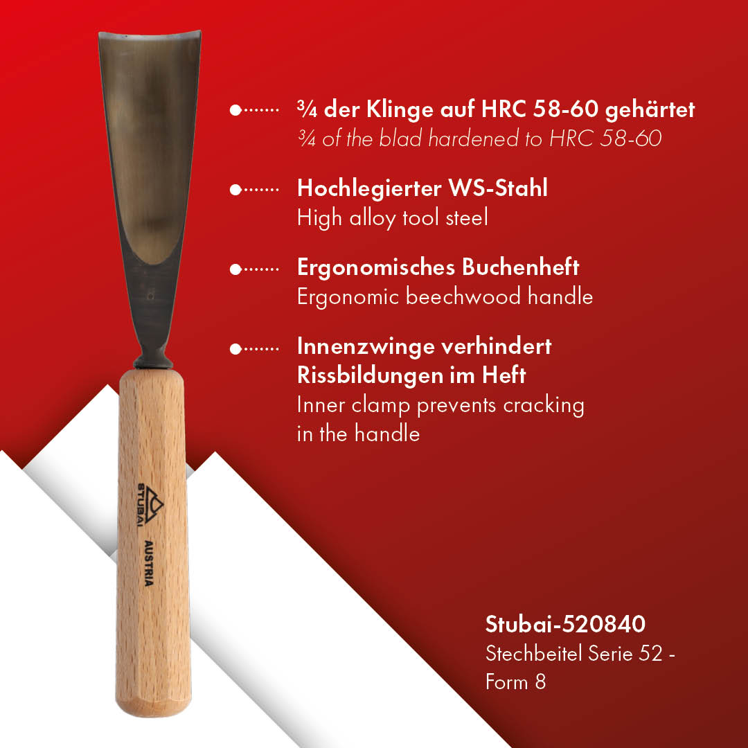 STUBAI Stemmeisen Stechbeitel Serie 52 - Form 8 | Gerades Hohleisen 40 mm, mit Holzgriff, für Figurenarbeiten, Kerb- und Reliefschnitzarbeiten, zur präzisen Bearbeitung von Holz