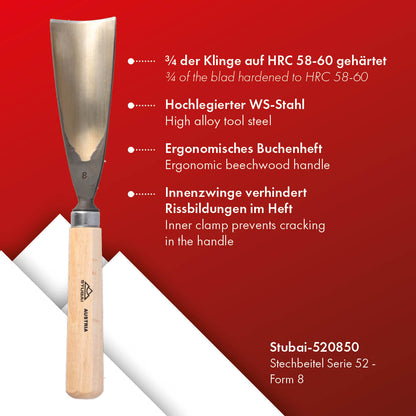 STUBAI Stemmeisen Stechbeitel Serie 52 - Form 8 | Gerades Hohleisen 50 mm, mit Holzgriff, für Figurenarbeiten, Kerb- und Reliefschnitzarbeiten, zur präzisen Bearbeitung von Holz