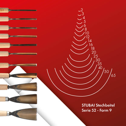 STUBAI Stemmeisen Stechbeitel Serie 52 - Form 9 | Gerades Hohleisen 3 mm, mit Holzgriff, für Figurenarbeiten, Darstellung von welligem Haar und Wasser, zur präzisen Bearbeitung von Holz