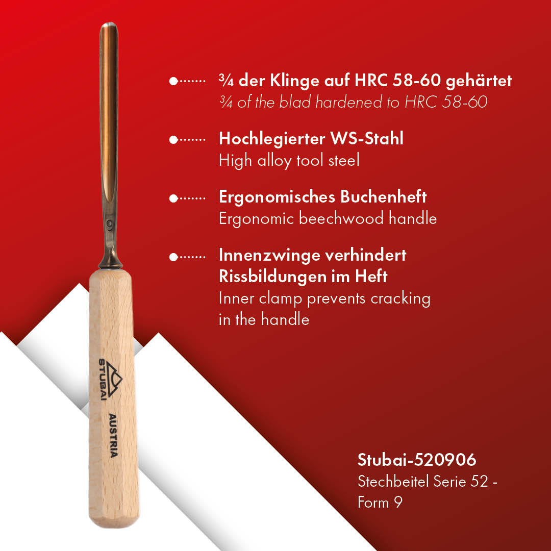 STUBAI Stemmeisen Stechbeitel Serie 52 - Form 9 | Gerades Hohleisen 6 mm, mit Holzgriff, für Figurenarbeiten, Darstellung von welligem Haar und Wasser, zur präzisen Bearbeitung von Holz