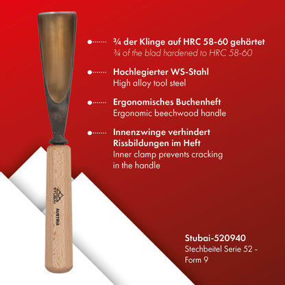 STUBAI Stemmeisen Stechbeitel Serie 52 - Form 9 | Gerades Hohleisen 40 mm, mit Holzgriff, für Figurenarbeiten, Darstellung von welligem Haar und Wasser, zur präzisen Bearbeitung von Holz