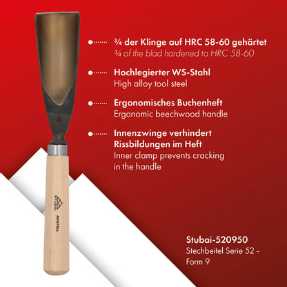 STUBAI Stemmeisen Stechbeitel Serie 52 - Form 9 | Gerades Hohleisen 50 mm, mit Holzgriff, für Figurenarbeiten, Darstellung von welligem Haar und Wasser, zur präzisen Bearbeitung von Holz