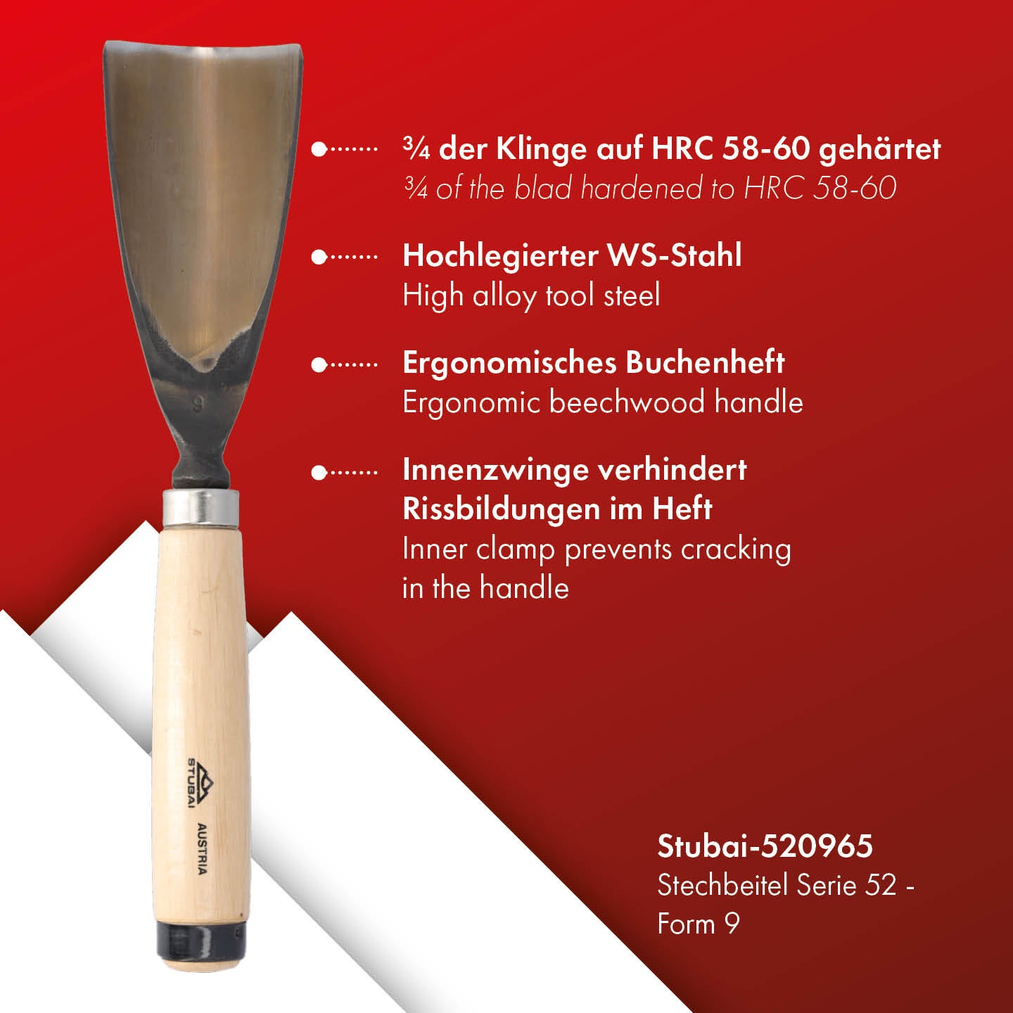 STUBAI Stemmeisen Stechbeitel Serie 52 - Form 9 | Gerades Hohleisen 65 mm, mit Holzgriff, für Figurenarbeiten, Darstellung von welligem Haar und Wasser, zur präzisen Bearbeitung von Holz