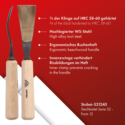 STUBAI Stemmeisen Stechbeitel Serie 52 - Form 12 | Gebogenes Flacheisen 40 mm, mit Holzgriff, zum Vorstechen, für Anschlagarbeiten, Schrupparbeiten, Rosetten, zur Bearbeitung von Holz