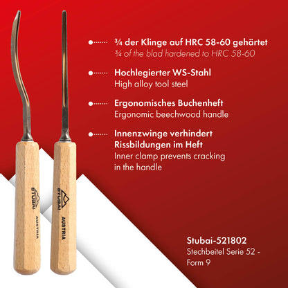 STUBAI Stemmeisen Stechbeitel Serie 52 - Form 18 | Gebogenes Hohleisen 2 mm, mit Holzgriff, für Figurenarbeiten, Darstellung von welligem Haar und Wasser, zur präzisen Bearbeitung von Holz