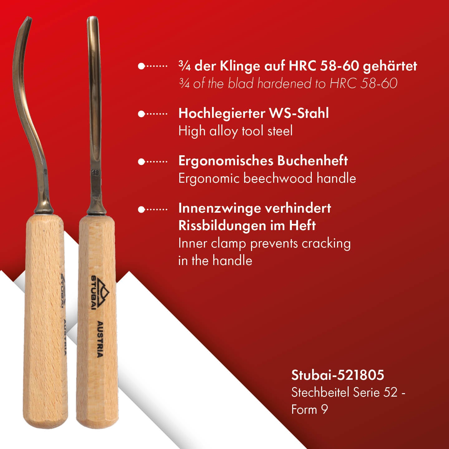 STUBAI Stemmeisen Stechbeitel Serie 52 - Form 18 | Gebogenes Hohleisen 5 mm, mit Holzgriff, für Figurenarbeiten, Darstellung von welligem Haar und Wasser, zur präzisen Bearbeitung von Holz