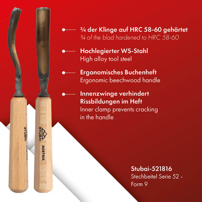 STUBAI Stemmeisen Stechbeitel Serie 52 - Form 18 | Gebogenes Hohleisen 16 mm, mit Holzgriff, für Figurenarbeiten, Darstellung von welligem Haar und Wasser, zur präzisen Bearbeitung von Holz