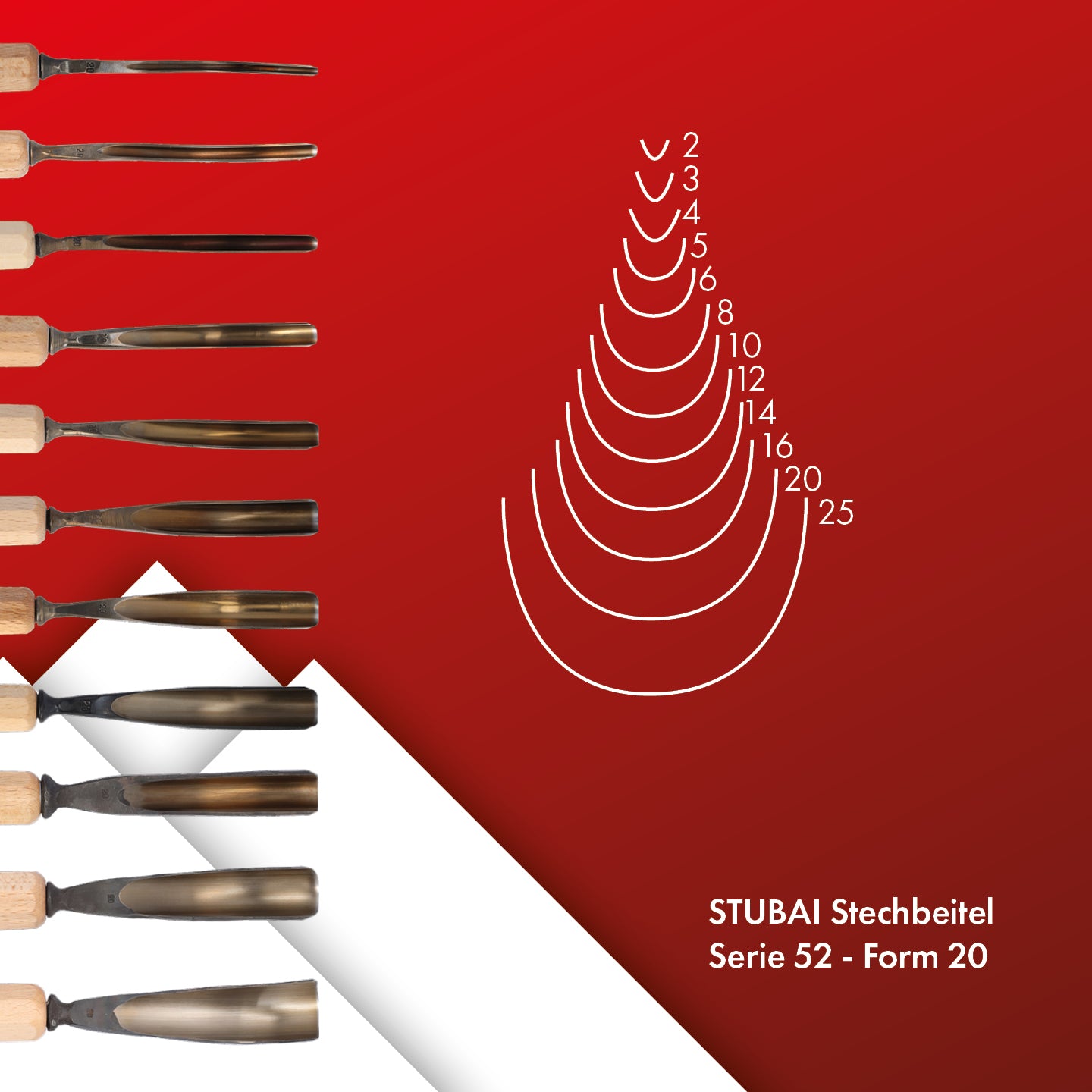 STUBAI Stemmeisen Stechbeitel Serie 52 - Form 20 | Gebogenes Hohleisen 2 mm, mit Holzgriff, für Figurenarbeiten, Profilleisten, Darstellung von welligem Haar und Wasser, zur Bearbeitung von Holz