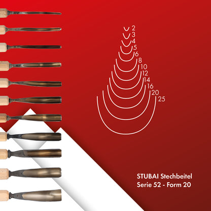 STUBAI Stemmeisen Stechbeitel Serie 52 - Form 20 | Gebogenes Hohleisen 10 mm, mit Holzgriff, für Figurenarbeiten, Profilleisten, Darstellung von welligem Haar und Wasser, zur Bearbeitung von Holz