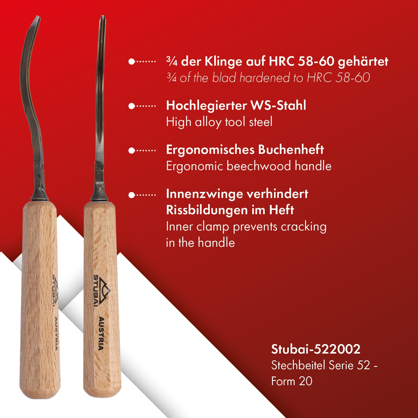 STUBAI Stemmeisen Stechbeitel Serie 52 - Form 20 | Gebogenes Hohleisen 2 mm, mit Holzgriff, für Figurenarbeiten, Profilleisten, Darstellung von welligem Haar und Wasser, zur Bearbeitung von Holz