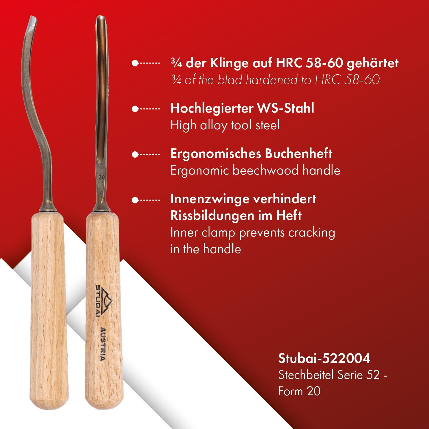 STUBAI Stemmeisen Stechbeitel Serie 52 - Form 20 | Gebogenes Hohleisen 4 mm, mit Holzgriff, für Figurenarbeiten, Profilleisten, Darstellung von welligem Haar und Wasser, zur Bearbeitung von Holz