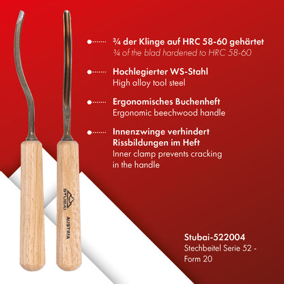 STUBAI Stemmeisen Stechbeitel Serie 52 - Form 20 | Gebogenes Hohleisen 4 mm, mit Holzgriff, für Figurenarbeiten, Profilleisten, Darstellung von welligem Haar und Wasser, zur Bearbeitung von Holz