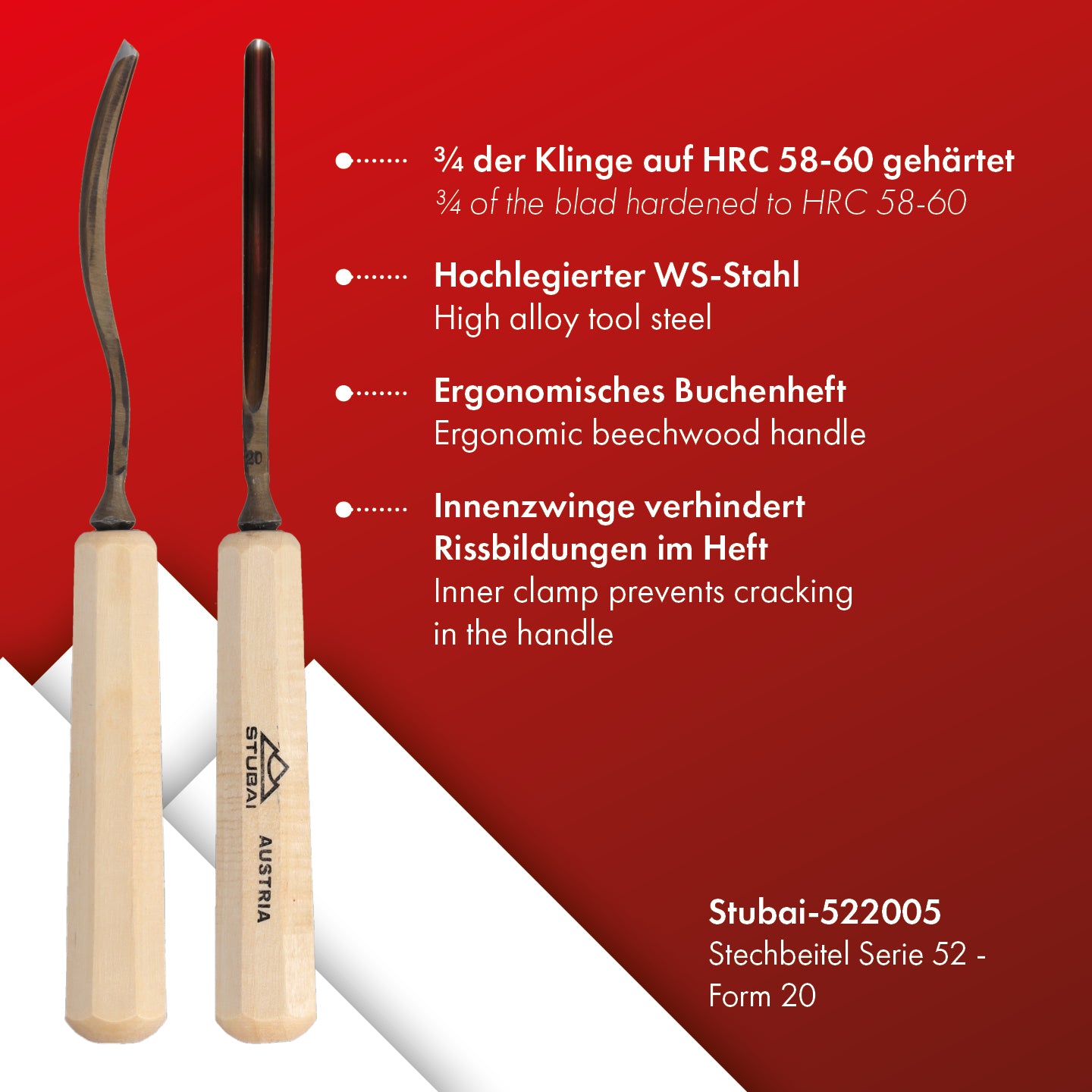 STUBAI Stemmeisen Stechbeitel Serie 52 - Form 20 | Gebogenes Hohleisen 5 mm, mit Holzgriff, für Figurenarbeiten, Profilleisten, Darstellung von welligem Haar und Wasser, zur Bearbeitung von Holz