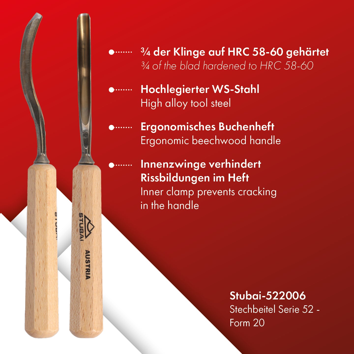 STUBAI Stemmeisen Stechbeitel Serie 52 - Form 20 | Gebogenes Hohleisen 6 mm, mit Holzgriff, für Figurenarbeiten, Profilleisten, Darstellung von welligem Haar und Wasser, zur Bearbeitung von Holz