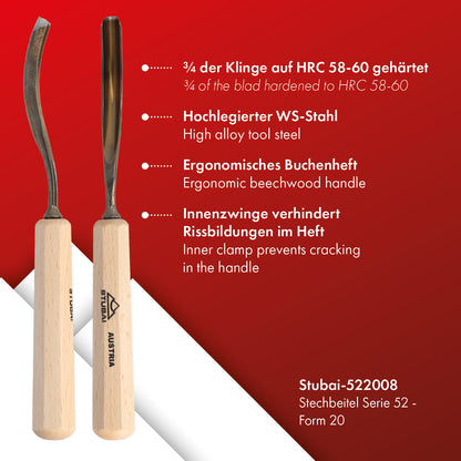 STUBAI Stemmeisen Stechbeitel Serie 52 - Form 20 | Gebogenes Hohleisen 8 mm, mit Holzgriff, für Figurenarbeiten, Profilleisten, Darstellung von welligem Haar und Wasser, zur Bearbeitung von Holz