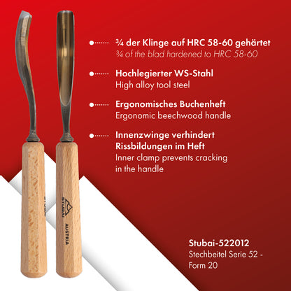 STUBAI Stemmeisen Stechbeitel Serie 52 - Form 20 | Gebogenes Hohleisen 12 mm, mit Holzgriff, für Figurenarbeiten, Profilleisten, Darstellung von welligem Haar und Wasser, zur Bearbeitung von Holz