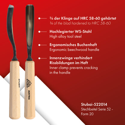 STUBAI Stemmeisen Stechbeitel Serie 52 - Form 20 | Gebogenes Hohleisen 14 mm, mit Holzgriff, für Figurenarbeiten, Profilleisten, Darstellung von welligem Haar und Wasser, zur Bearbeitung von Holz