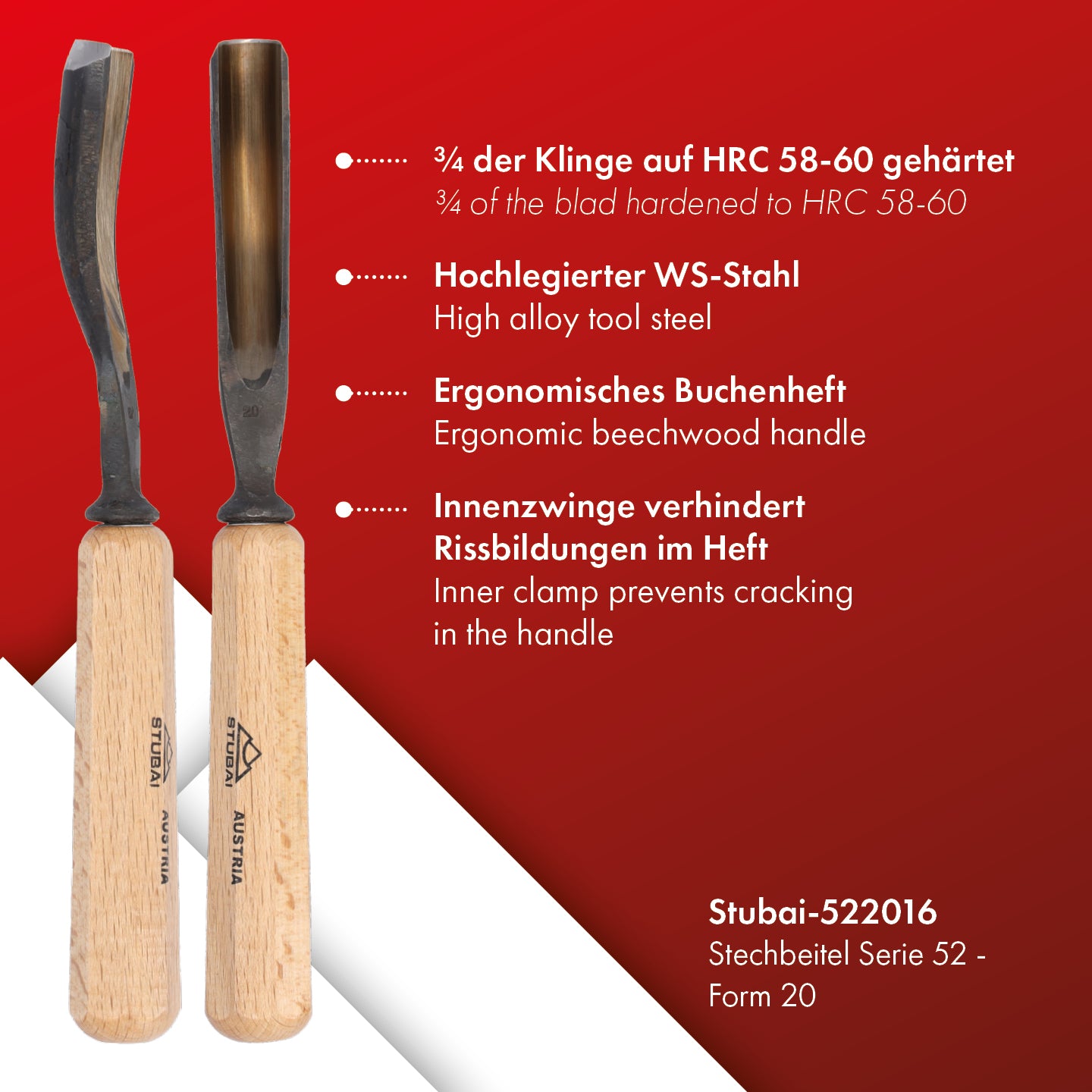 STUBAI Stemmeisen Stechbeitel Serie 52 - Form 20 | Gebogenes Hohleisen 16 mm, mit Holzgriff, für Figurenarbeiten, Profilleisten, Darstellung von welligem Haar und Wasser, zur Bearbeitung von Holz