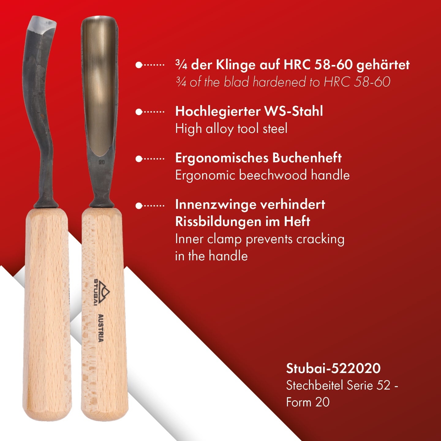 STUBAI Stemmeisen Stechbeitel Serie 52 - Form 20 | Gebogenes Hohleisen 20 mm, mit Holzgriff, für Figurenarbeiten, Profilleisten, Darstellung von welligem Haar und Wasser, zur Bearbeitung von Holz