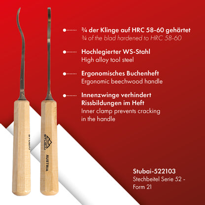 STUBAI Stemmeisen Stechbeitel Serie 52 - Form 21 | Gekröpftes Balleisen, Breite 3 mm, mit Holzgriff, für glatte Flächen, zum Vorstechen, Kerb- und Reliefschnitzarbeiten, zur Bearbeitung von Holz