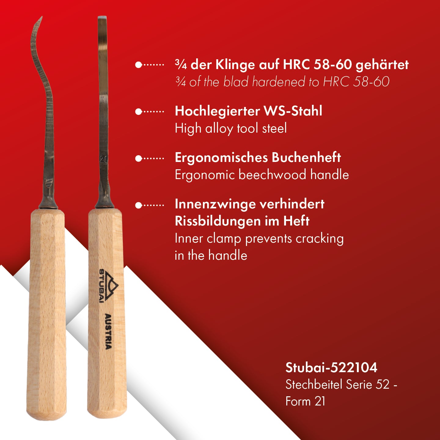 STUBAI Stemmeisen Stechbeitel Serie 52 - Form 21 | Gekröpftes Balleisen, Breite 4 mm, mit Holzgriff, für glatte Flächen, zum Vorstechen, Kerb- und Reliefschnitzarbeiten, zur Bearbeitung von Holz