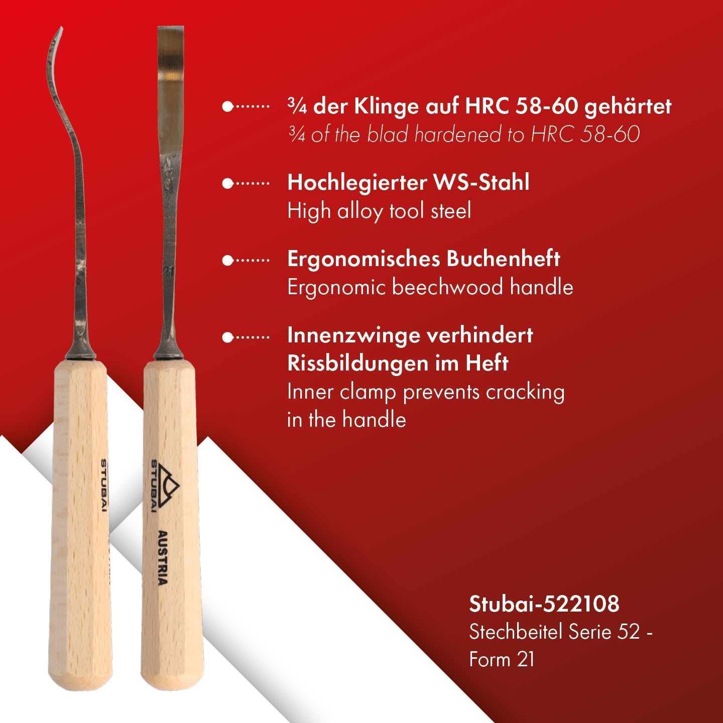 STUBAI Stemmeisen Stechbeitel Serie 52 - Form 21 | Gekröpftes Balleisen, Breite 8 mm, mit Holzgriff, für glatte Flächen, zum Vorstechen, Kerb- und Reliefschnitzarbeiten, zur Bearbeitung von Holz