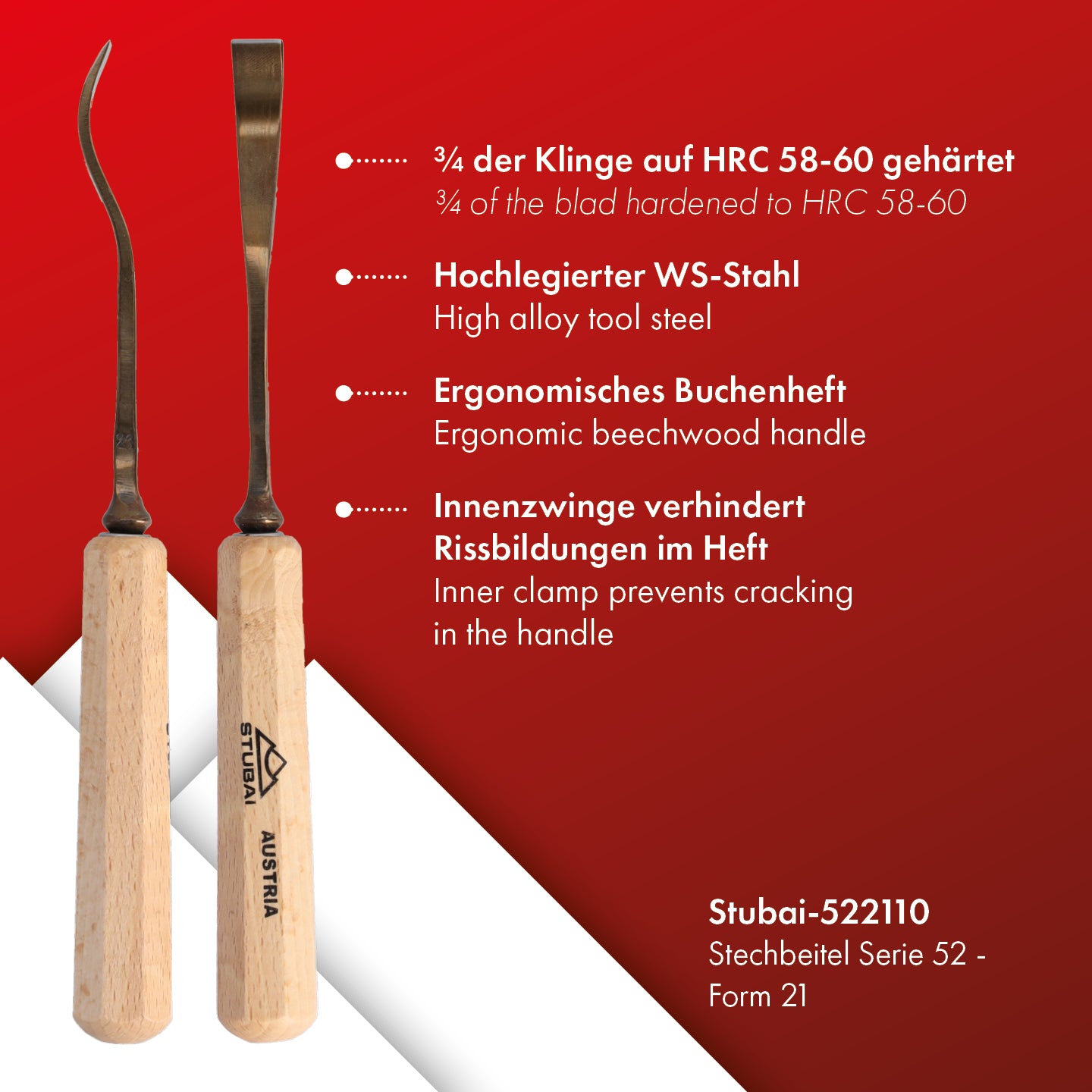 STUBAI Stemmeisen Stechbeitel Serie 52 - Form 21 | Gekröpftes Balleisen, Breite 10 mm, mit Holzgriff, für glatte Flächen, zum Vorstechen, Kerb- und Reliefschnitzarbeiten, zur Bearbeitung von Holz