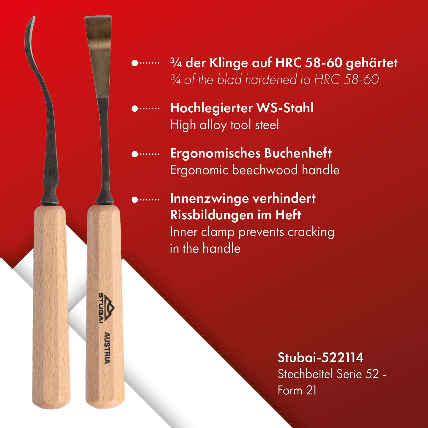 STUBAI Stemmeisen Stechbeitel Serie 52 - Form 21 | Gekröpftes Balleisen, Breite 14 mm, mit Holzgriff, für glatte Flächen, zum Vorstechen, Kerb- und Reliefschnitzarbeiten, zur Bearbeitung von Holz