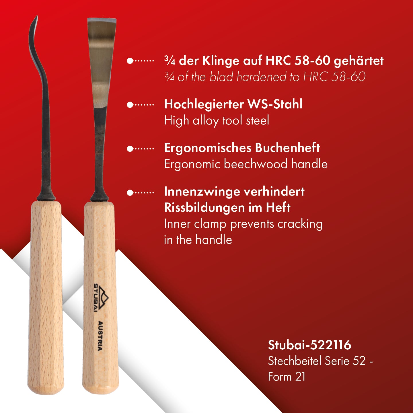 STUBAI Stemmeisen Stechbeitel Serie 52 - Form 21 | Gekröpftes Balleisen, Breite 16 mm, mit Holzgriff, für glatte Flächen, zum Vorstechen, Kerb- und Reliefschnitzarbeiten, zur Bearbeitung von Holz