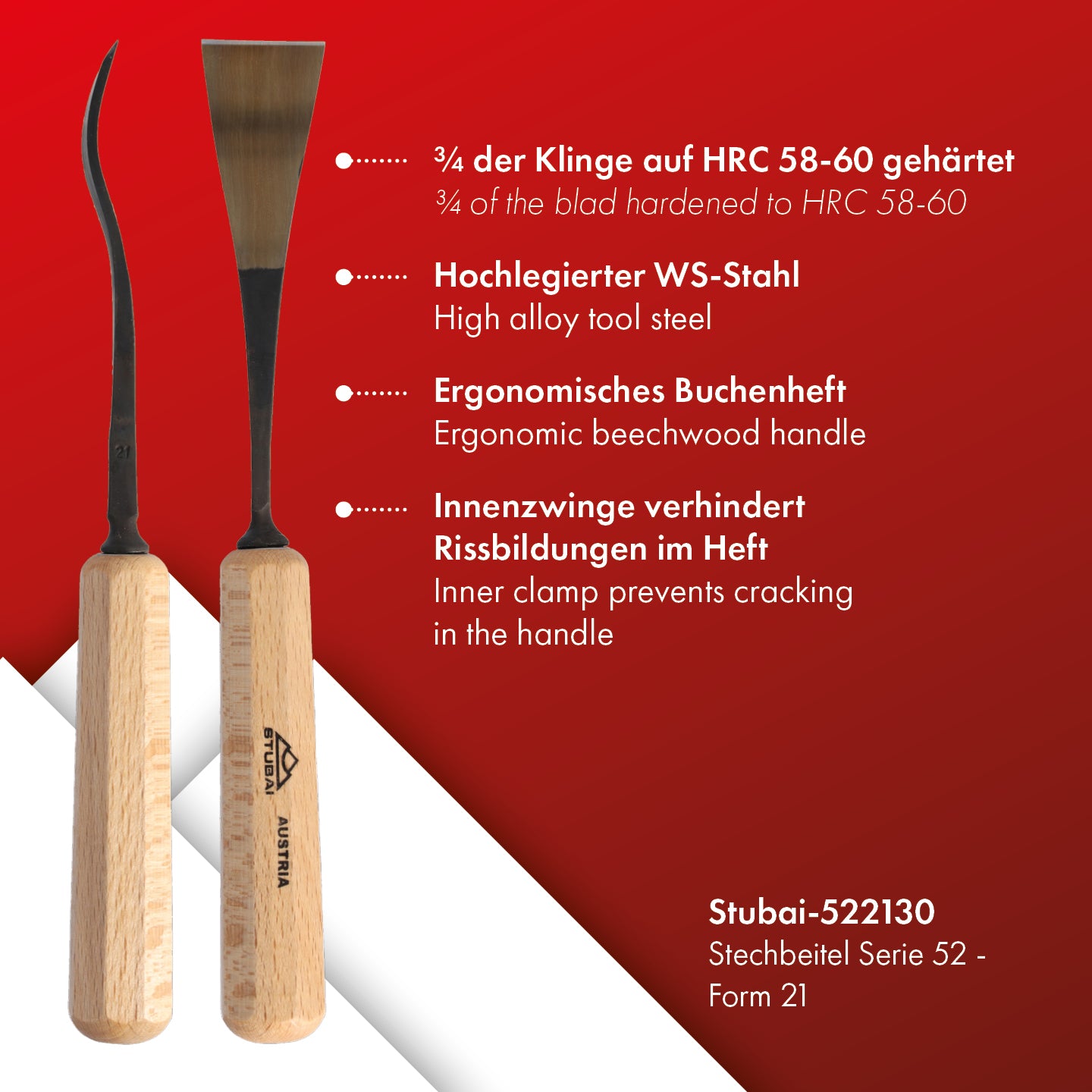 STUBAI Stemmeisen Stechbeitel Serie 52 - Form 21 | Gekröpftes Balleisen, Breite 30 mm, mit Holzgriff, für glatte Flächen, zum Vorstechen, Kerb- und Reliefschnitzarbeiten, zur Bearbeitung von Holz