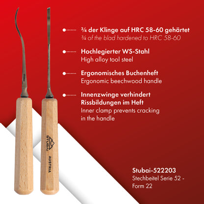 STUBAI Stemmeisen Stechbeitel Serie 52 - Form 22 | Gekröpftes, linksschräges Balleisen 3 mm, mit Holzgriff, für glatte Flächen, zum Vorstechen, Kerb- & Reliefschnitzarbeiten, Holzbearbeitung