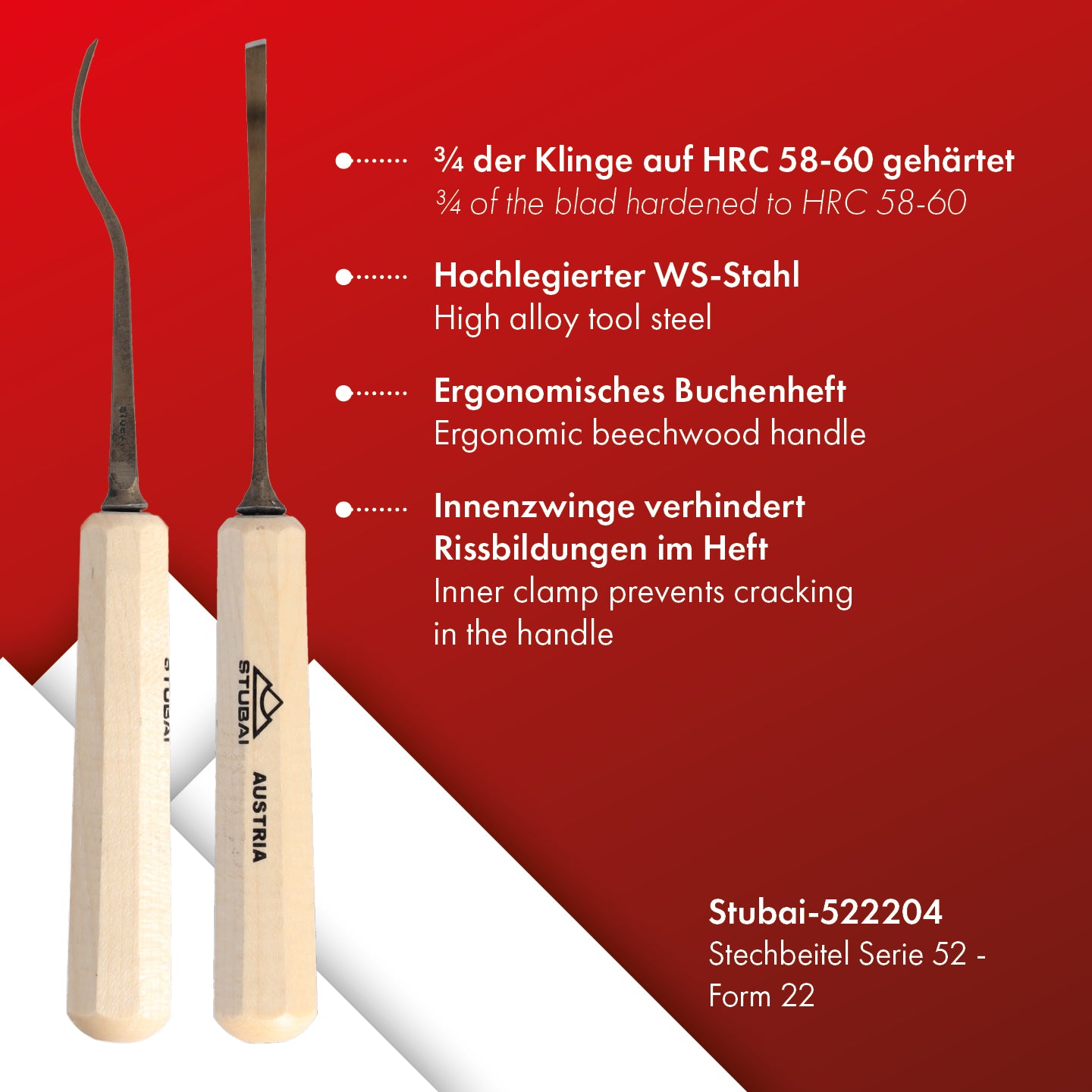 STUBAI Stemmeisen Stechbeitel Serie 52 - Form 22 | Gekröpftes, linksschräges Balleisen 4 mm, mit Holzgriff, für glatte Flächen, zum Vorstechen, Kerb- & Reliefschnitzarbeiten, Holzbearbeitung